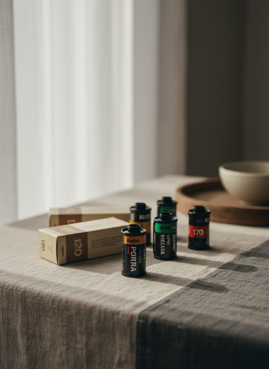 A minimalist still life of assorted 35mm and 120 film canisters arranged on a linen-covered table in muted earth tones. Labels from classic film stocks—subtly legible but not dominant—introduce small pops of color against the neutral fabric’s fine weave. Gentle morning window light filters through sheer curtains, producing soft gradients of brightness and delicate shadows that reveal the cylindrical forms. Background elements, such as a blurred wooden tray and a ceramic bowl, add quiet domestic context without distraction. Photographic realism, composed with asymmetrical balance and a shallow depth of field that keeps the frontmost canister in sharp, tactile detail. The mood is serene, sophisticated, and quietly celebratory of analog materials.