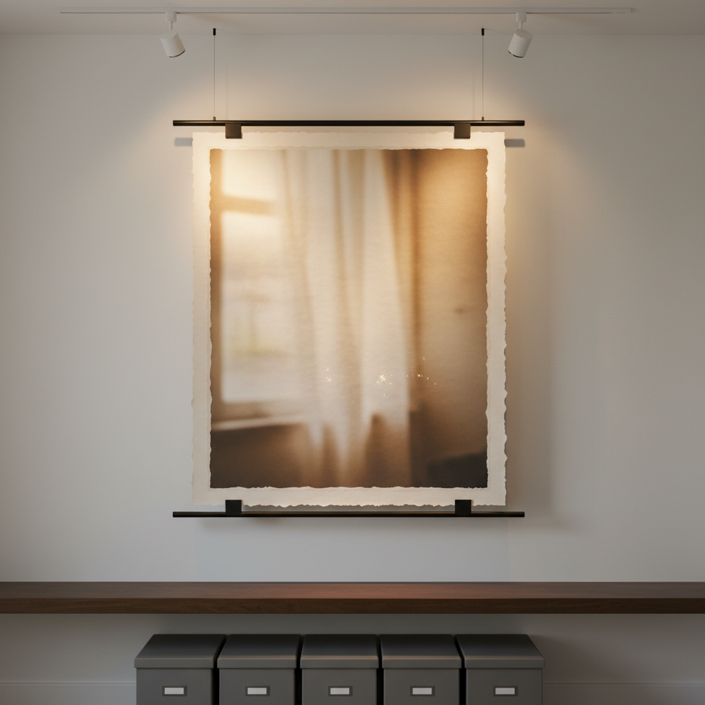 An enlarged fine art film print clipped to a matte black hanging rail, its thick cotton paper edges slightly deckled and visibly textured. The image itself is softly blurred, suggesting an intimate interior scene without revealing specifics, emphasizing the materiality of the print. A neatly aligned row of archival storage boxes in muted greys lines a shelf below, out of focus. Soft gallery-style track lighting from above creates a gentle halo over the print, with subtle specular highlights on the paper surface. Photographic realism, straight-on composition with strong verticals and negative space around the print. The mood is gallery-sophisticated and contemplative, celebrating film photography as tactile, lived artwork rather than a purely digital image.