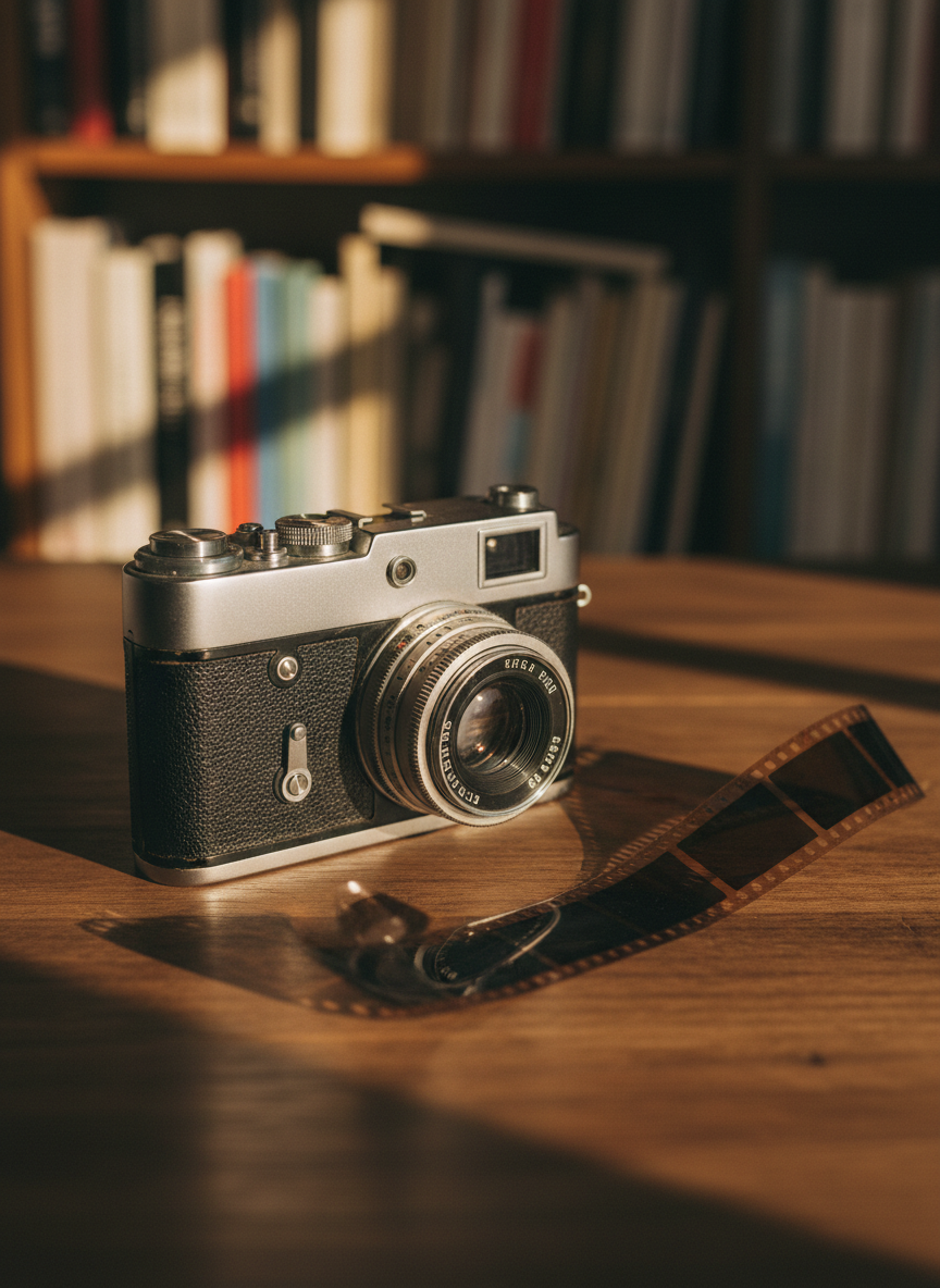 A vintage 35mm film camera with a brushed metal body and worn black leatherette, resting on a rough-hewn walnut table. Beside it lies a slightly curled strip of developed negatives, their amber frames catching the light. Soft late-afternoon window light pours in from the left, creating long, gentle shadows and subtle highlights on the metal dials. The background dissolves into a muted, out-of-focus bookshelf of photo books, evoking a quiet studio. Photographic realism, eye-level composition with shallow depth of field, the camera placed on the rule of thirds. The mood is contemplative and sophisticated, inviting viewers into the tactile, real-world beauty of film photography.