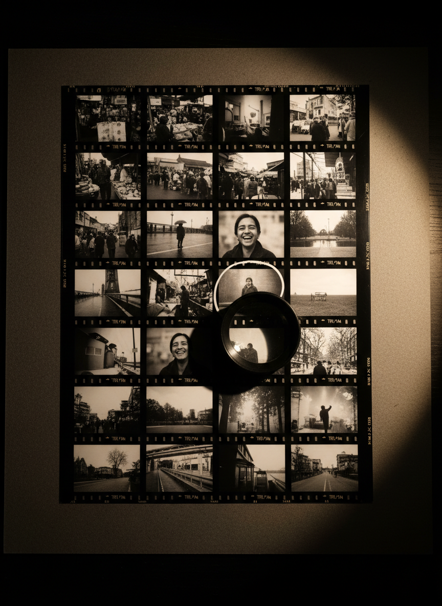 A contact sheet of 35mm negatives laid flat on a smooth, charcoal-colored archival mat board, each tiny frame precisely aligned in rows. A magnifying loupe with a matte black finish and glass lens rests on one frame, reflecting a subtle glint of light. A grease pencil mark circles one chosen image. Soft, directional desk lamp lighting from the upper right creates a focused pool of warm illumination, fading into vignetted shadows around the edges. Photographic realism, overhead composition with sharp focus throughout, capturing fine grain and film perforations. The mood is discerning and editorial, conveying the careful, intelligent selection of lived moments preserved on film.