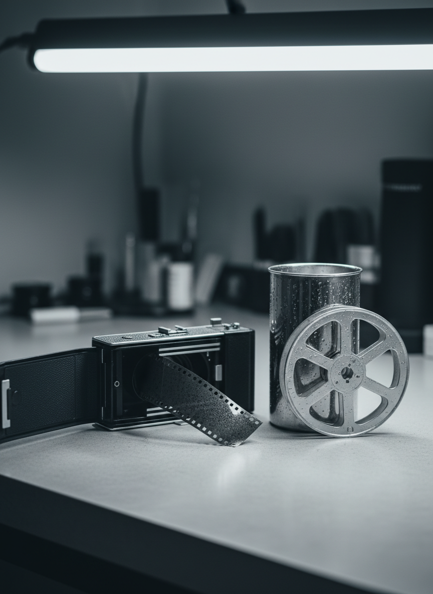An open medium-format film camera on a clean concrete workbench, its back door swung wide to reveal a partially loaded roll of black-and-white film with visible texture on the emulsion. A stainless steel developing tank and a neatly coiled film reel sit nearby, droplets of water glistening on their surfaces. Overhead, diffused cool studio lighting casts soft, controlled shadows, emphasizing form and material. The background is a subdued grey, gently blurred, with faint outlines of darkroom tools. Photographic realism, shot from a slightly elevated angle with crisp focus on the film and tank. The mood is meticulous, refined, and quietly reverent toward the craft of analog image-making.