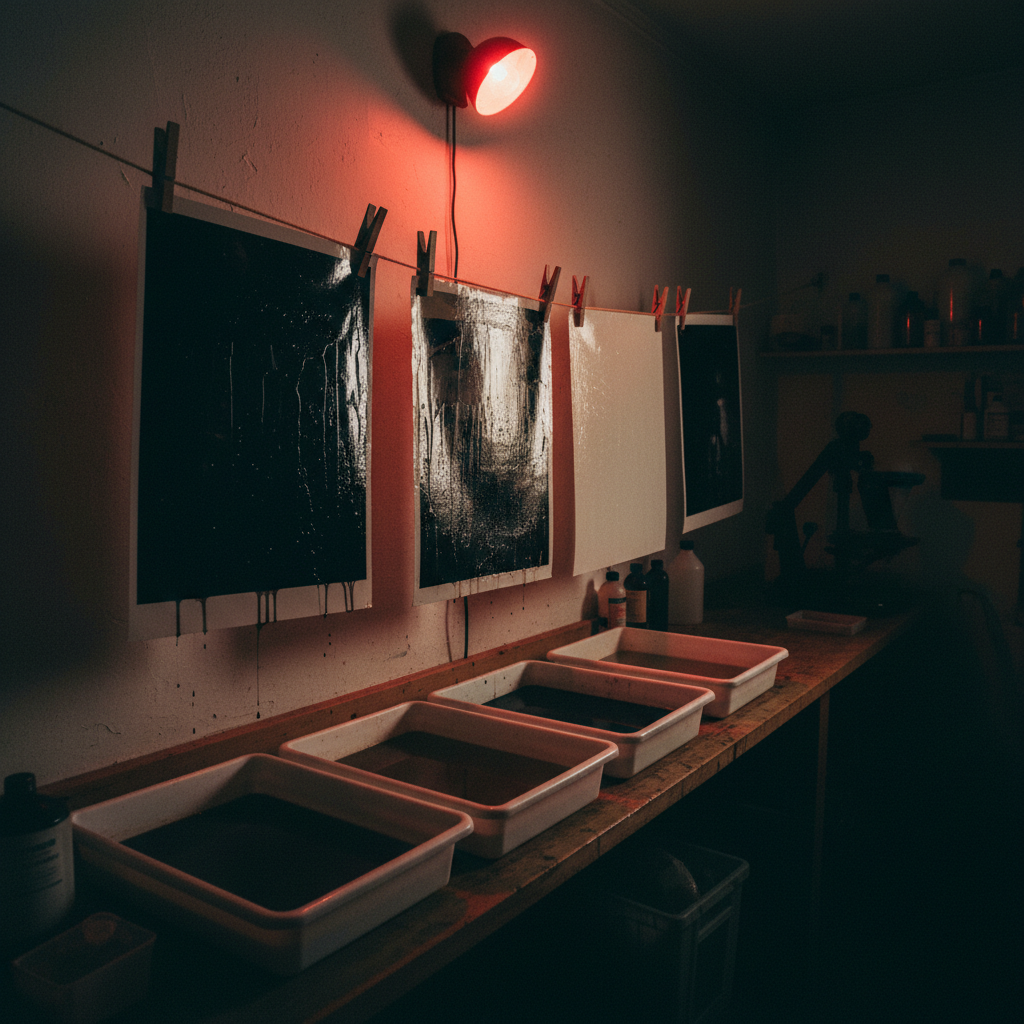 A dimly lit traditional darkroom featuring a row of glossy fiber prints hanging from a taut line, secured with wooden clips. The prints glisten with wet chemistry, their surfaces catching the ruby glow of a single safelight mounted high on the wall. Below, a series of white developer trays sits on a stained wooden counter, their liquids reflecting faint highlights. The room recedes into rich shadows, with just a hint of enlarger silhouette in the background. Photographic realism, shot from a low, slightly diagonal angle that leads the eye along the line of prints. The mood is intimate, alchemical, and quietly dramatic, honoring the hands-on magic that separates film from the artificial.