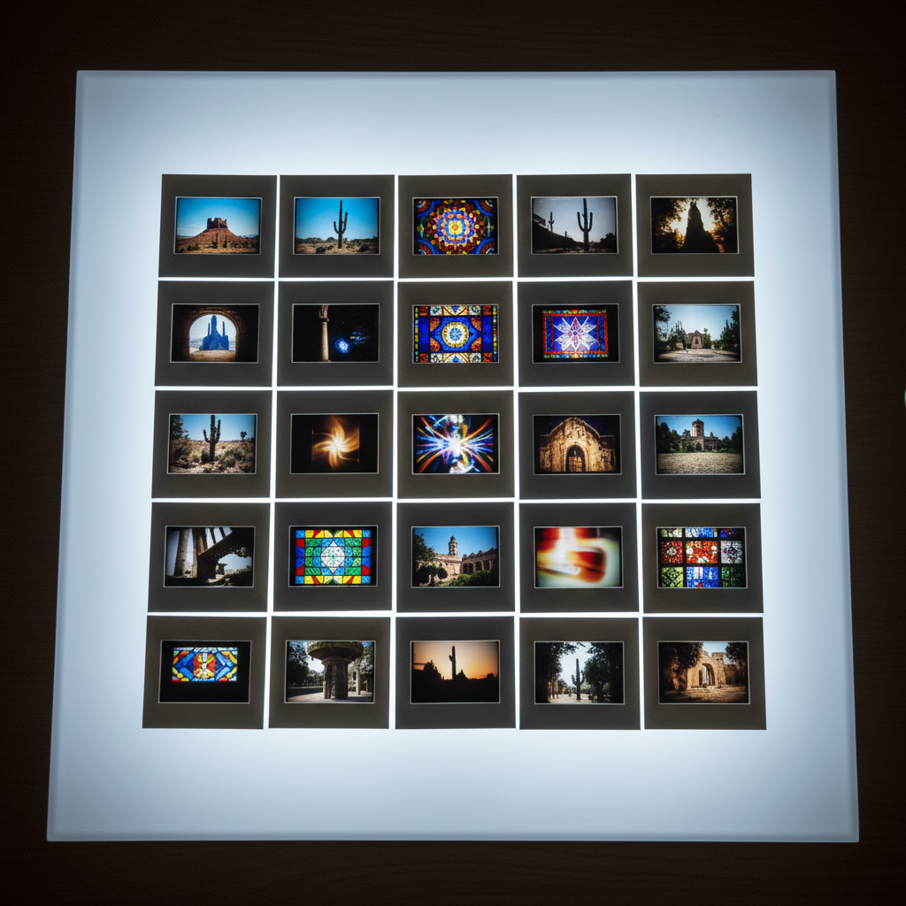 A close-up of a light table glowing softly beneath a carefully arranged grid of color slide film mounted in white cardboard frames. The saturated miniature images hint at landscapes, architecture, and abstract shapes, but remain secondary to the luminous, translucent quality of the film itself. The cool, even backlight renders each frame crisp, while the surroundings fall into subdued darkness beyond the table’s edges. Photographic realism, overhead composition with moderate depth of field to keep the central slides in sharp focus while edges gently blur. The mood is precise, archival, and intellectually curious, emphasizing film as a tangible archive of lived experience.