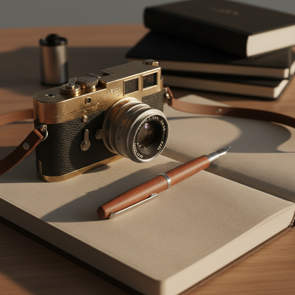 A beautifully patinated film camera resting on an open linen-bound notebook, with a fountain pen laid parallel along the spine. The camera’s leather strap spills across the page, forming organic curves against the paper’s subtle texture. In the softly blurred background, a stack of contact proof books and a closed film canister suggest a thoughtful workflow. Warm golden-hour window light sweeps across from the right, creating gentle contrast and revealing micro-scratches on the metal body. Photographic realism, shot from a three-quarter angle with shallow depth of field centered on the camera’s lens and engraved markings. The mood is reflective, literary, and sophisticated, suggesting film as a medium for living inside remembered moments.